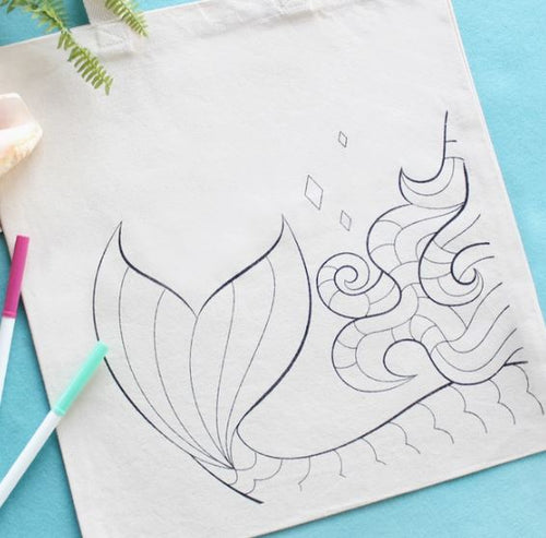 Mermaid Organic Tote Bag - Coloring Kit with Marker