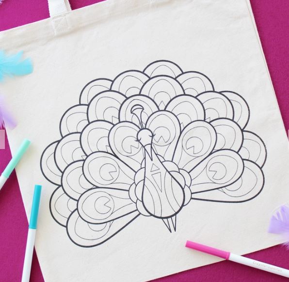 Peacock Organic Tote Bag - Coloring Kit with Markers