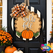 Load image into Gallery viewer, 🍂 Hello Fall – Rustic Pumpkin &amp; Buffalo Check Door Hanger