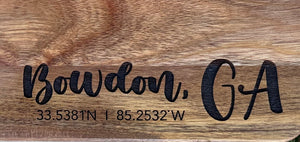 Engraved Acacia Wood Cutting Board (Paddle) - City, State & GPS Coordinates