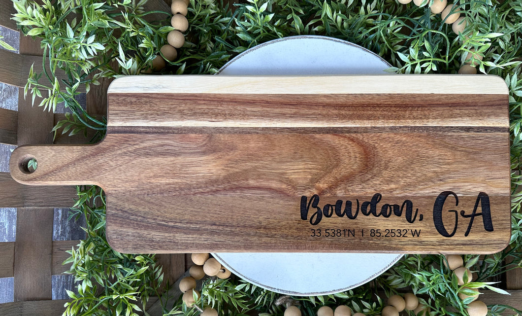 Engraved Acacia Wood Cutting Board (Paddle) - City, State & GPS Coordinates