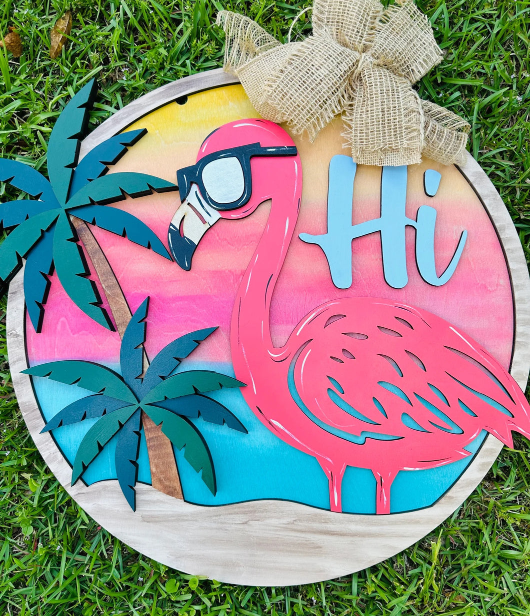 Hi Flamingo with Palm Trees Door Hanger