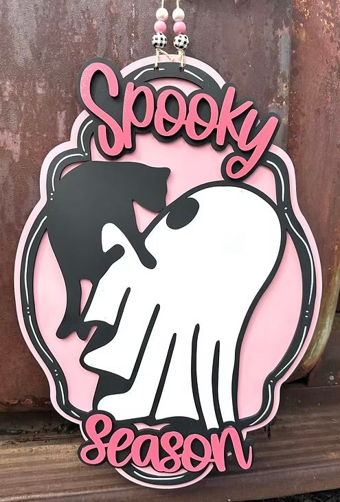 Spooky Season Ghost with Cat Door Sign
