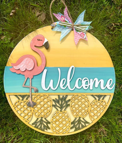 Flamingo Pineapple Welcome Door Sign
