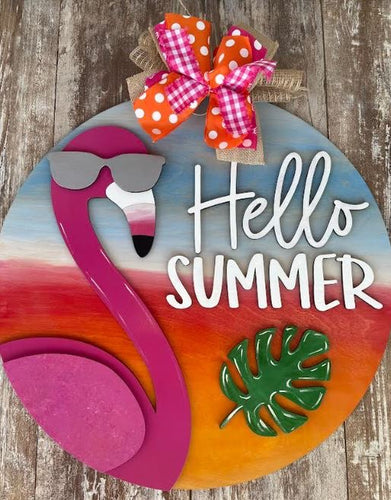 Hello Summer Flamingo with Leaf Door Sign