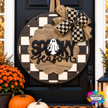 Load image into Gallery viewer, 👻 Spooky Season – Rustic Checkerboard Halloween Door Sign