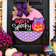 Load image into Gallery viewer, 🎀 Sweet &amp; Spooky – Pink Pumpkin Halloween Door Sign