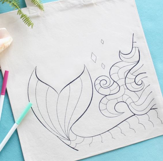 Mermaid Organic Tote Bag - Coloring Kit with Marker