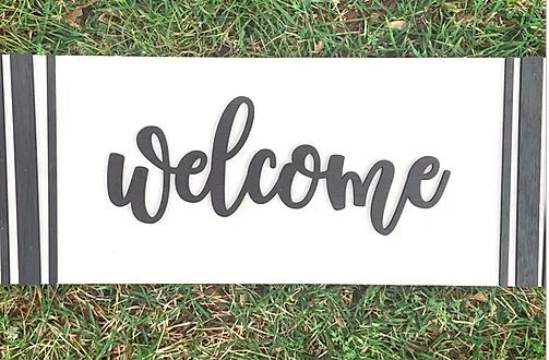 Welcome Sign with Grain Sack Stripes