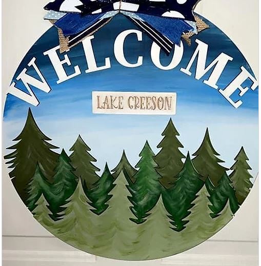 Welcome Lake Sign with Trees
